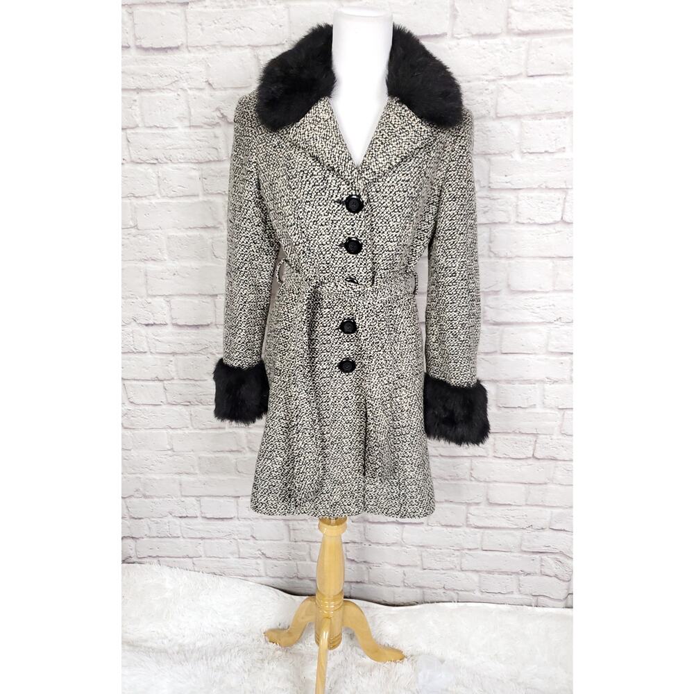Marvin Richards Wool Blend Peacoat Coat Black Cream Belted Faux Fur Trim Sz S